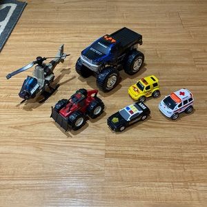 Trucks, cars, helicopter